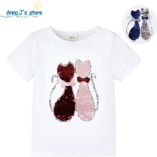 Summer girls T-shirts Changing Color glisten cat Switchable Sequins T Shirt Children Tops kids Clothes ZX398