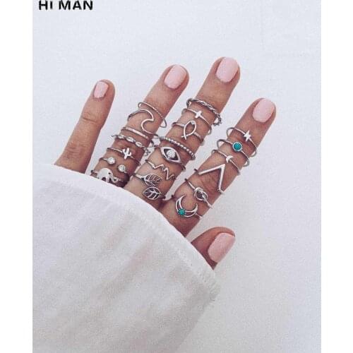 20pcs / set Silver Colour Elephant Leaves Wave Moon Crystal Geometric Joint Ring Set Women Wedding Party Jewelry Accessories