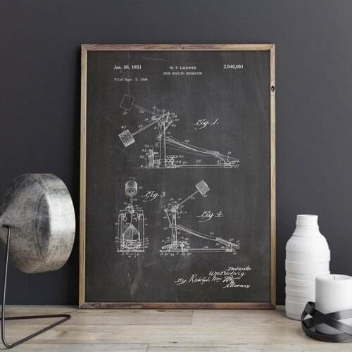 Drum Kick Pedal Wall Poster Bass Drum Art Prints Music Room Decor Vintage Blueprint Canvas Painting Gift idea Music Decorations