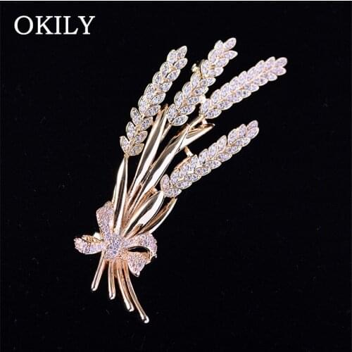 OKILY Rhinestone Zircon Wheat Brooch for Men Suit Beautiful Bouquet Wedding Banquet Brooch Pin Gift Scarf Pins Broche for Women