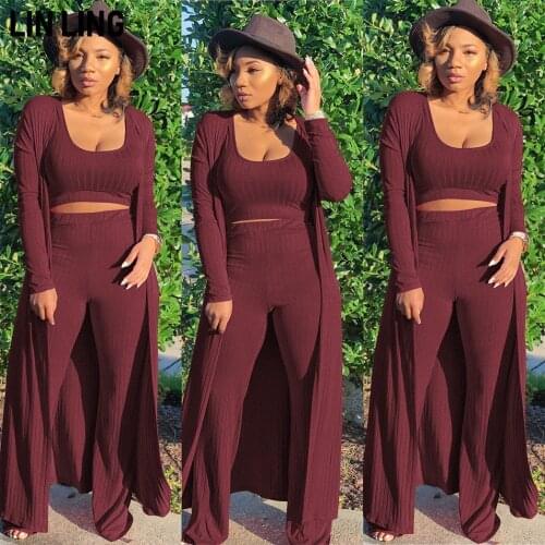 LINLING Autumn Solid Short Vest with High Waist Loose Wide Leg Pants Long Sleeve Cape Simple Three Piece Set