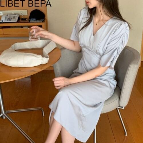 2021 New Summer Women Dresses V-Neck High Waist Puff Sleeve Ruched Elegant Fashionable Korean Vintage Lace Up Long Dress DR2230