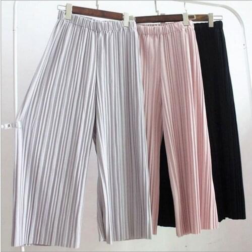 Pleated Solid Color Ankle-Length Pants Wide Leg Chiffon Cropped Trousers Elastic Casual Culottes Stretch Sport Pants TRENDS