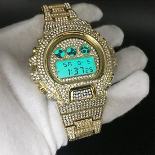 Luxury 18k Gold Watch Men Full Diamonds Mens Quartz Watches LED Digital Male Clock Hip Hop Wristwatches Steel Band Relogio box