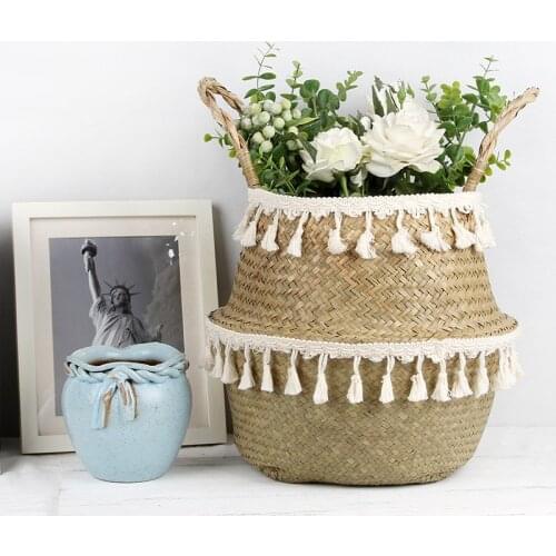 Ins Seaweed Folding Basket Hand-woven Storage Basket Living Room Flower Pot Balcony Potted Flower Basket Laundry Storage Basket