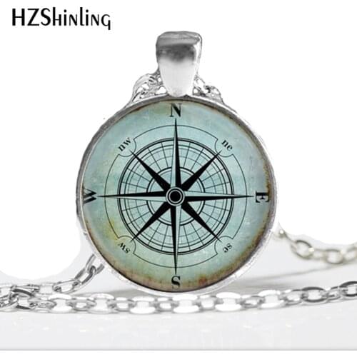 Glass Dome Necklace Vintage Compass Necklace, Compass Rose, Wind Rose, Nautical Jewelry, Sailors, Ocean Art Pendant HZ1