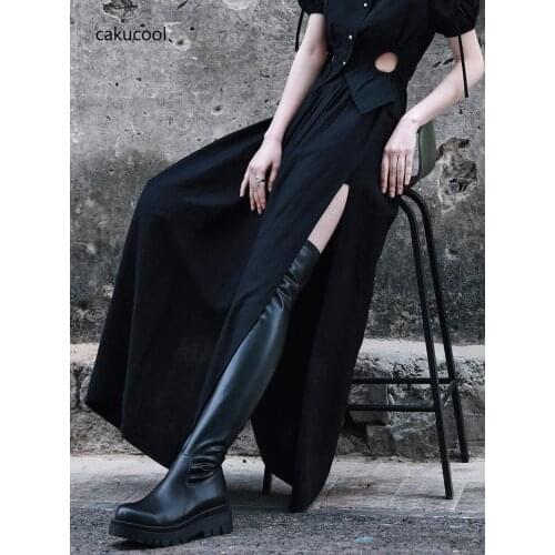 Cakucool new women mid length skirt cotton hemp draped skirt with retro style A-line side split loose and slim skirt