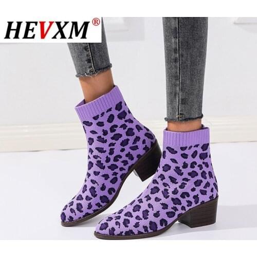 Womens Sock Boots Knitted Stretch Shoes Woman Ankle Boots Leopard Fashion Autumn Winter Female Square Heels Ladies Mujer 2020