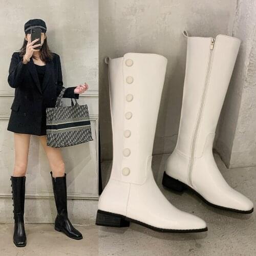 2021 Women Knee High Boots Female Fetish Zipper Knight White Boots Platform Winter BLACK Booties Lady Low Heels Shoes