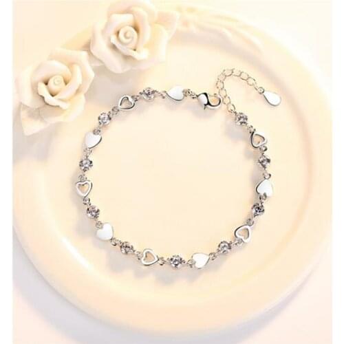 925 Sterling Silver Crystal Heart Charm Bracelet&Bangle For Women Elegant Link Chain Jewelry Pulseras sl313