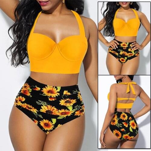 Women Fashion Sunflower Print Sleeveless Bikini Set Top Shorts Two Piece Set Swimsuit Bathing Suit Swimwear Beach Wear Tankinis