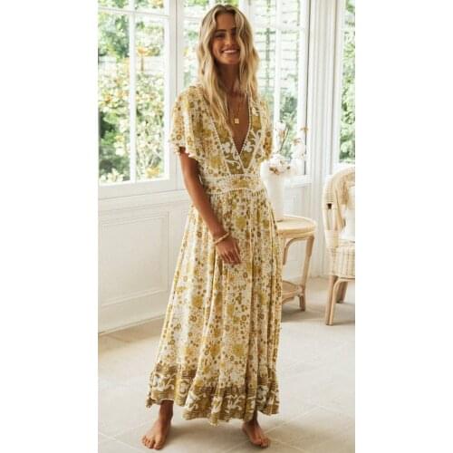 Women Elegant Dress Floral Printed Boho Hot Summer Dress Ladies Floral Prints Deep V-Neck Short Sleeves Backless Long Maxi Dress