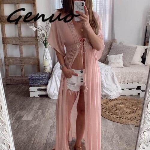 Genuo New Boho Women Lace Kimono Cardigan Beach Cover Up Cape Open Stitch Chiffon Cardigan Holiday Dress Half Sleeve Long Dresse