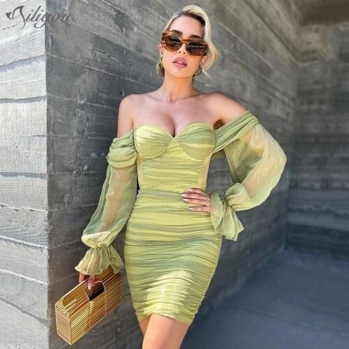 Ailigou 2021 Summer New Womens Green Sexy Strapless Mesh Lantern Sleeve Fashion Tight Club Party Draping Mini Dress Vestidos