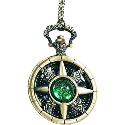 10pcs in) Vintage green rhinestone starry sky dail Quartz flip pocket watch necklace party promotion unique gift