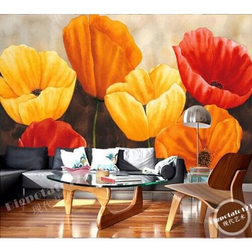 The custom 3D murals,Beautiful yellow red tulips bloom painting papel de parede,living room sofa TV wall bedroom wall paper