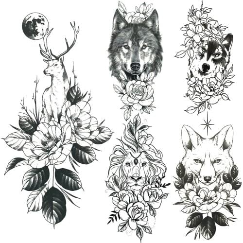 Black Elk Fake Temporary Tattoo For Women Men Adult Leaves Wolf Flower Tattoos Lion Fox Moon Waterproof Tatoos Animal Hand Legs