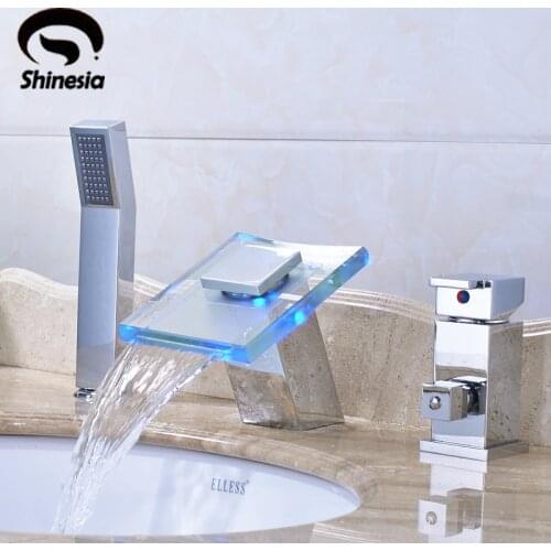 Chrome Polished LED Waterfall Spout Mixer Tap Bathtub 3PCS Faucet Single Handle wirh Handheld Shower Deck Mounted