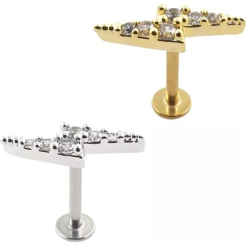 JHJT 1PC Stainless Steel Labret Lip Bar Ring Cubic Zircon Lightning Ear Cartilage Tragus Helix Piercing External Thread 6/8mm