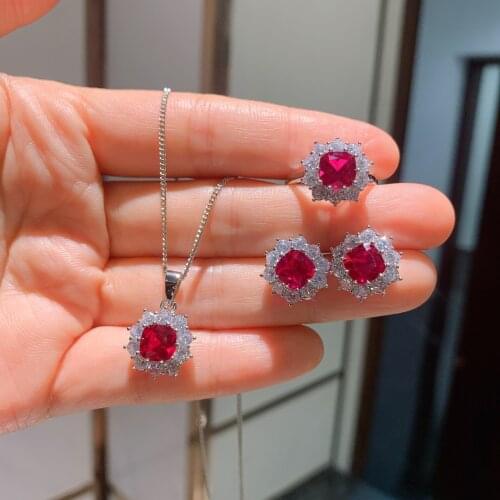 Classic 100% 925 Silver Jewelry Ruby Emerald Diamond Jewelry Set Wedding Engagement Ring Earrings Necklace Sets Drop Shipping