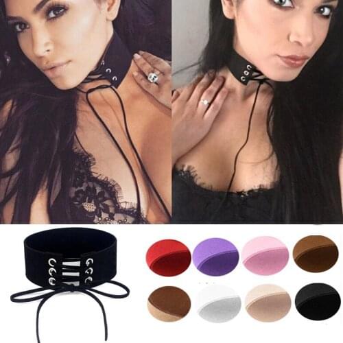 Best Selling Multi-Color Flannel Leather Rope Lace-up Strap Necklace Wide Necklace Female Exaggerated Choker Collar Necklace