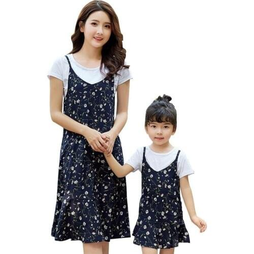 Fashion Mother-daughter Matching Outfit Floral-Print Strapped Dress Short Sleeve Two-Piece Set Korean-style Mom Daughter Dress