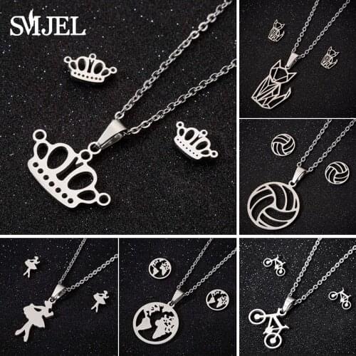 Cartoon Tiara Crown Necklaces Kid Stainless Steel Jewelry Set for Women Ballet Earrings Studs bijoux femme 2020 ensemble