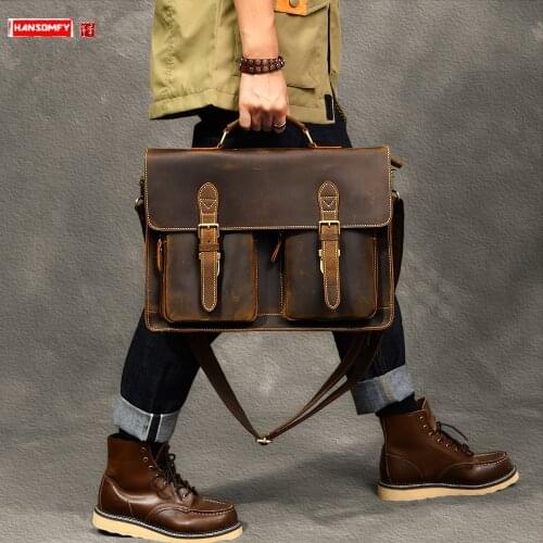 Genuine Leather Mens Handbag Men Laptop Briefcase Male Shoulder Messenger Bag Large Capacity Travel Bags Crazy Horse Leather