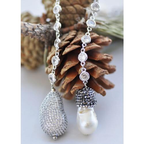 P7667 52" 30mm White Keshi Baroque & Rice Pearl Necklace CZ Chain