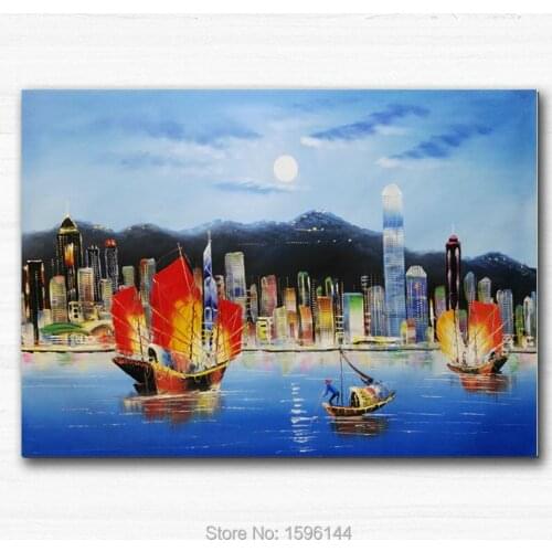 Hongkong Victoria Scenery Oil Painting Canvas Hand painted Modern wall art Picture for living room hotel home decor Paintings