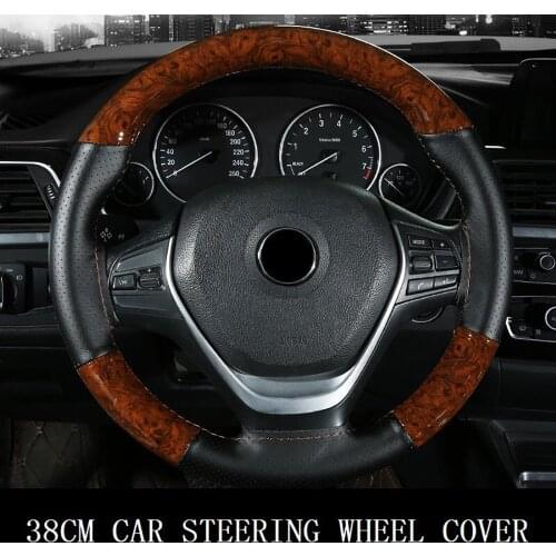 FZAVCCAR 38CM Noble Wooden Pattern Leather Car Steering Wheel Cover Braiding Wheel Cover of Car With Needle and Thread