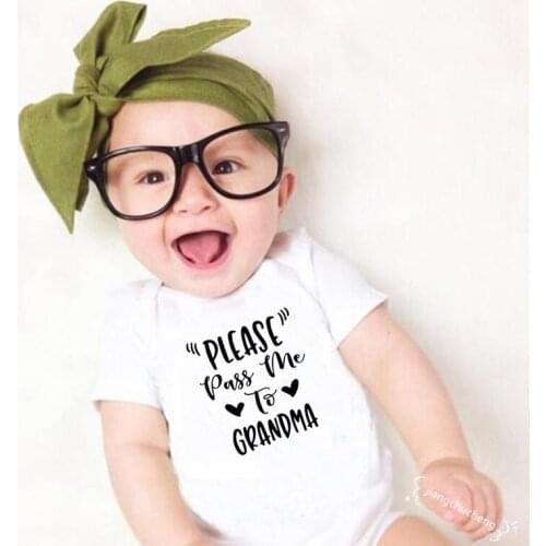 Please Pass Me To Grandma Baby Rompers Summer Short Sleeve Cotton Boy Girl Funny Bodysuits Black White Gray Blue Pink Jumpsuits