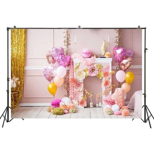Rose Pink & Gold Photography Background Baby Girl Photoshoots Decorations Gold Curtains Fireplace Balloons Cake Smash Backdrop