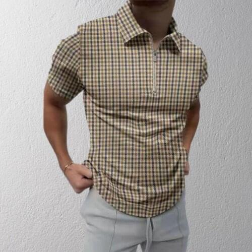 Men Polo Shirts Turn-down Collar Lattice- Print Thin Zipper Loose Short Sleeve Summer Casual Shirt Top Fashion Slim- Fit Tees