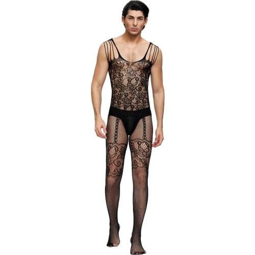 Strappy Shoulders Men Bodystockings Hollow Out Floral Sexy Bodysuit Backless Mesh Open Crotch Fishnet Body Transparente MPS160