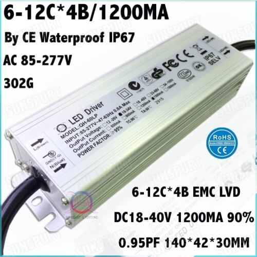2Pcs By CE Waterproof IP67 PFC 60W AC85-277V LED Driver 6-12Cx4B 1.2A DC18-40V Constant Current For LED Spotlights Free Shipping
