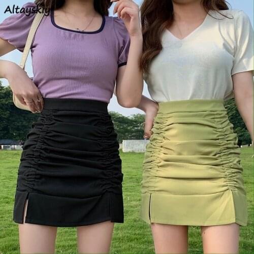 Skirts Women Simple Oversize Fashion Summer Friends Folds Solid Ulzzang Side-slit All-match Casual Sexy A-line Empire Streetwear