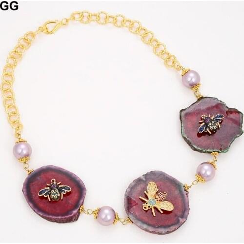 GuaiGuai Jewelry Natural Red Green Slice Agates Stone Necklace Cz Insect Sea Shell Pearl Chain Necklace 21'' For Women