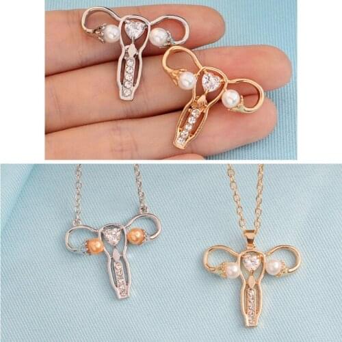Womens Womb Shape Brooch Pins Uterus Ovary Pendant Necklace Feminist Medicine Symbol Gynecologist Nurse Gift Jewelry
