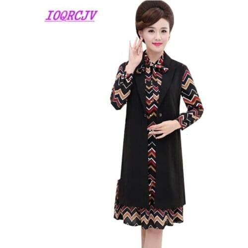 4XL Plus Size Womens Dresses 2 Piece set Mother Clothes Casual Suit Vest + Long Sleeve Dress suit Middle-aged Women Suit B112