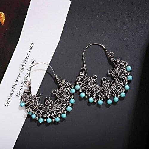 Vintage Ethnic Silver Color Dangle Earrings Women Female Green Beads Earrings Anniversary Bridal Party Wedding Jewelry Ornaments