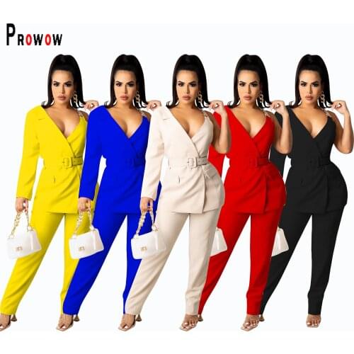 Prowow Fashion Office Lady Two Piece Set One Sleeve Chain Tops With Sashes Pant Two Piece Matching Suits Spring Fall Clothes