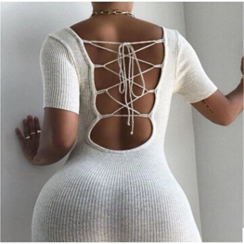 New Women Knit Ribbed Lace Up Bodycon Playsuit Short Jumpsuit Sport Overall for Women Summer 2020 Short Sleeve Backless Rompers
