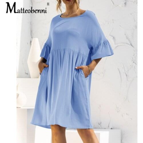 2021 Summer Solid Color Mini Dress Women Ruffle Round Neck Short Sleeve Pockets Casual Loose Basic Dresses Vestidos Beach Dress
