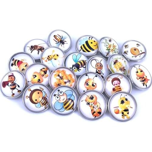 20pcs/lot 18mm 20mm Cartoon Bee Wasp Pattern Glass Cabochon Snaps Button for DIY Snap Bracelet Necklace Glass Charm Jewelry N029