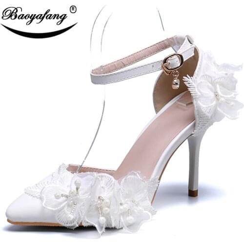 BaoYaFang 2019 Summer Woman Ankle strap shoes White Lace Flower shoe Pointed Toe Bride Wedding shoes patay dress shoes woman