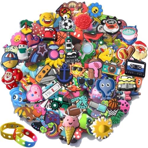 50Pcs +2Wristband Random PVC Shoe Buckle Accessories DIY Combination Shoes Decoration Jibz for Croc Charms Bracelets Kids Gifts