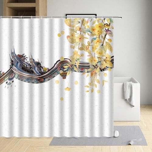 Ink Painting Shower Curtain Lotus Leaf Seeds Bird Plum Blossom Tree Branch Butterfly Green Leaf House Eaves Red Carp Creek