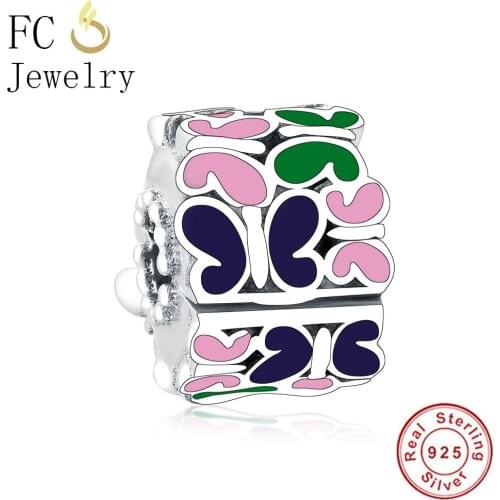 FC Jewelry Fit Original Brand Charm Bracelet 925 Sterling Silver Blue Butterfly Arrangement Lock Clip Stopper Bead Berloque