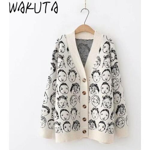WAKUTA New Funny Cartoon V Neck Cardigan Female 2020 Knitwear Japanese Fall Winter Casual Loose Knit Jacket Sweater for Women